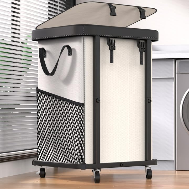 Sturdy Laundry Basket with Wheels, Leather Detail & Removable Liner