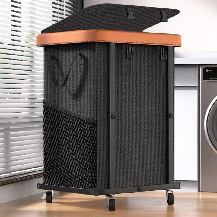 Sturdy Laundry Basket with Wheels, Leather Detail & Removable Liner