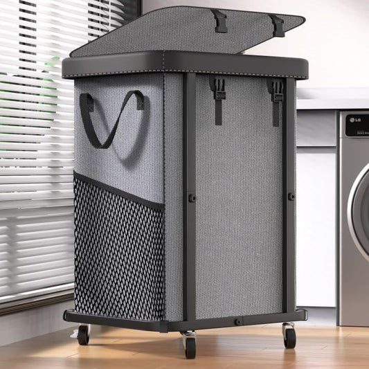 Sturdy Laundry Basket with Wheels, Leather Detail & Removable Liner