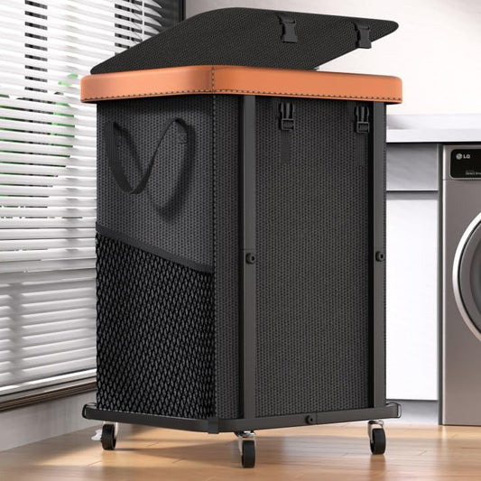 Sturdy Laundry Basket with Wheels, Leather Detail & Removable Liner