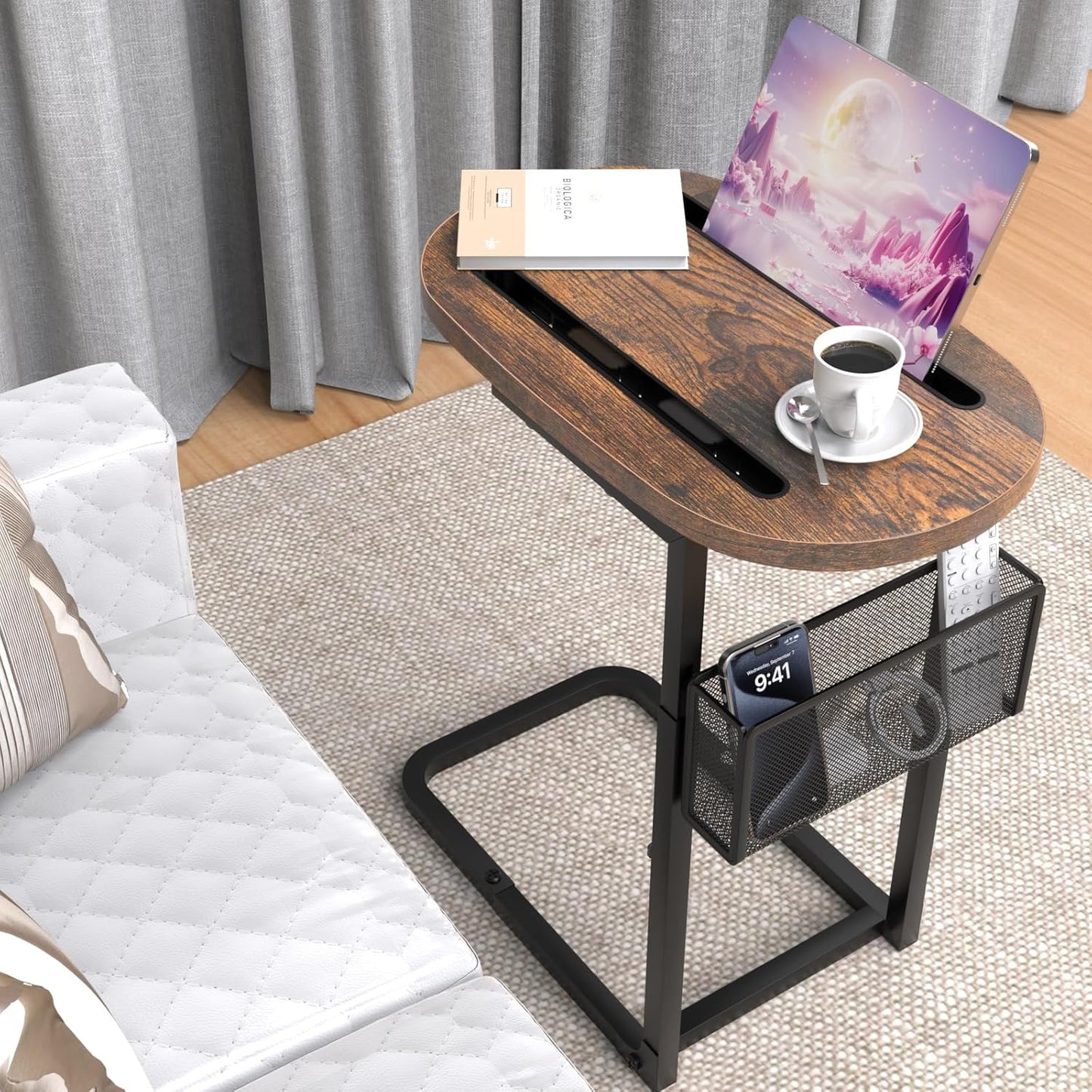 Couch Arm Table, Tv Tray Table Adjustable Height with Storage Baskets
